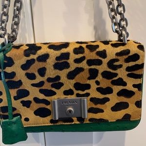 PRADA LEOPARD CALF HAIR AND GREEN OSTRICH